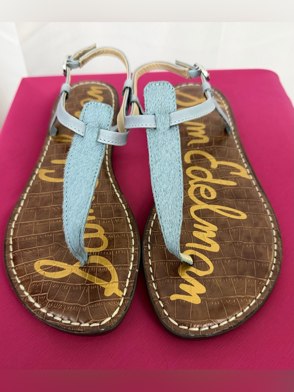 Sam Edelman Light Blue Calf Hair T-Strap Casual Flat Sandals US 8 NWOT - Picture 7 of 9